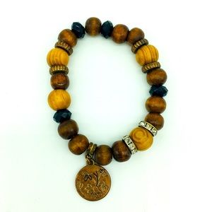 Natural Wood Bead Rhinestone Rondelle Stretch Bracelet Boho